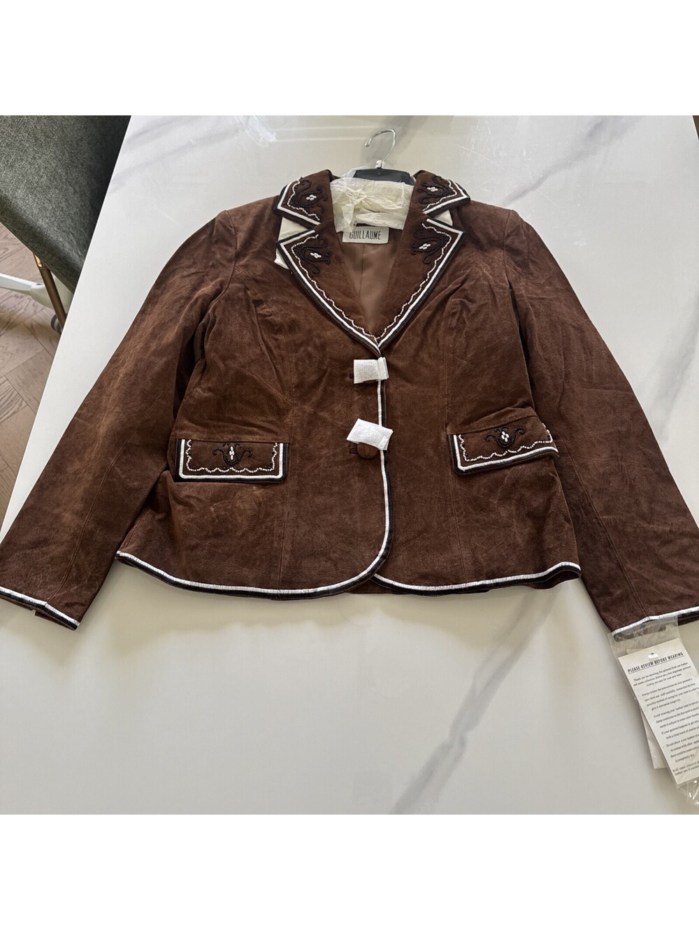 New With Tags - Guillaume Leather Suede Bomber Jacket, Brown With Beading Wester